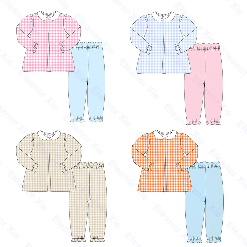 Fall peter pan collar long sleeve shirt and pants outfit sets for kids cotton gingham toddler girls clothing sets