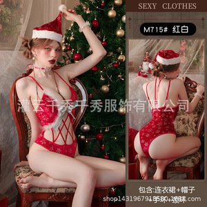 Christmas sexy lingerie set, European and American style, sexy women's <b>bow</b> three-point temptation wholesale uniform new bodysuit - Product Image 5