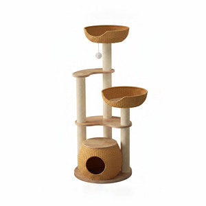 Solid wood and rattan cat <b>bed</b>, cat tree, small sisal cat shelf, suitable for small apartments and multiple cats, saving space. - Product Image 5