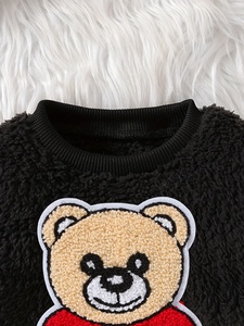 Set 3 Pezzi per Neonati Maschi Primaverile Casual Caldo con Gilet in Peluche Stampato con Orsetto + Pantaloni <span class=keywords><strong>a</strong></span> Quadretti Bianco e Nero + Set con Cappuccio e Protezioni Laterali con Cerniera - Product Image 3