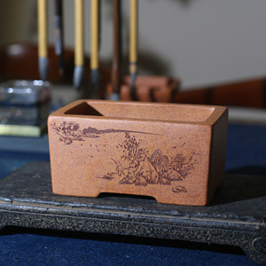 Maceta Rectangular de Zisha con Forma de Jardinera, Grabada, para Bonsái de Escritorio, Hecha a Mano con Arcilla Jiangpo y Cerámica Su Bing - Product Image 1