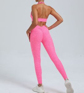 Ensemble de vêtements de yoga pour femmes, haut de sport avec bretelles, ajusteur de soutien-gorge en forme de V, leggings avec poches, tenue de sport, vêtements de fitness, ensemble de gym, effet push-up - Product Image 4