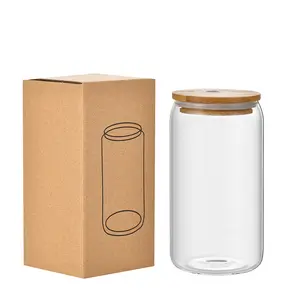 升华磨砂水瓶可重复使用雪球闪光透明啤酒罐苏打玻璃杯，带竹盖