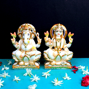 Par de Estatuas de Laxmi y Ganesh Hechas a Mano en Resina |   Figuras de Dioses Hindúes Pintadas a Mano |   Decoración Religiosa India para el Hogar y Regalo para Puja - Product Image 1