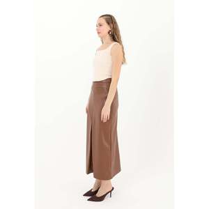 Puane Women's Stylish Brown <b>Slit</b> Front Faux Leather <b>Skirt</b> - Modern High Waist <b>Pencil</b> Design for Elegant Evening Wear - Product Image 2