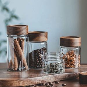 High Borosilicate Glass Transparent Storage Jars <b>Wooden</b> Cover Eco-Friendly <b>Sealed</b> Food Containers 201-300ml Capacity Minimalist - Product Image 2