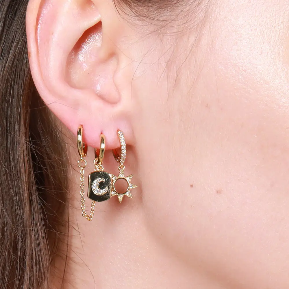 Korean Fashion Jewelry Women 3pcs Moon Zircon Diamonds Hoop Pendant Earrings Geometric Copper Gold Plated Huggie Earrings Set