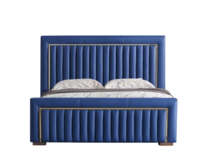 Tête <span class=keywords><strong>de</strong></span> <span class=keywords><strong>lit</strong></span> haute en velours moderne <span class=keywords><strong>Lit</strong></span> <span class=keywords><strong>de</strong></span> luxe <span class=keywords><strong>bleu</strong></span> avec garniture dorée Design élégant King Size pour chambre à coucher contemporaine - Product Image 3