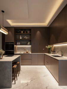 Meubles <span class=keywords><strong>de</strong></span> <span class=keywords><strong>cuisine</strong></span> modernes gris foncé avec comptoir en marbre, finitions haut <span class=keywords><strong>de</strong></span> gamme en verre brillant, îlot <span class=keywords><strong>de</strong></span> salle à manger - Product Image 5