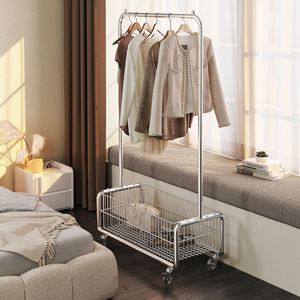 Mobile Clothes <b>Rack</b> Rectangle Standing Type With Basket <b>Drying</b> <b>Rack</b> For Bedroom Household Use - Product Image 2