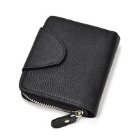 Dompet Kulit Asli Resleting Hitam Pria Wanita Dompet Lipat Kulit Sapi Dengan Kantong Koin Dompet Pendek Kecil Dengan Kancing