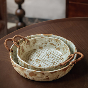 Juego de Vajilla de Cerámica Rústica, Frutero con Esmalte Moteado y Asas Tejidas, Vajilla Multiusos para Servir la Cena en Casa - Product Image 1