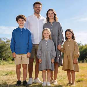 Chemises Henley en lin de haute qualité, légères et respirantes, assorties pour toute la famille, pour un usage quotidien décontracté et les week-ends, chemises boutonnées pour garçons, OEM ODM - Product Image 2
