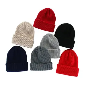 Suppliers Custom Colorful Solid Color Single-Cuff Warm Winter Beanie Knitted Hat Plain Blank Men Outdoor Rib Crochet Cap