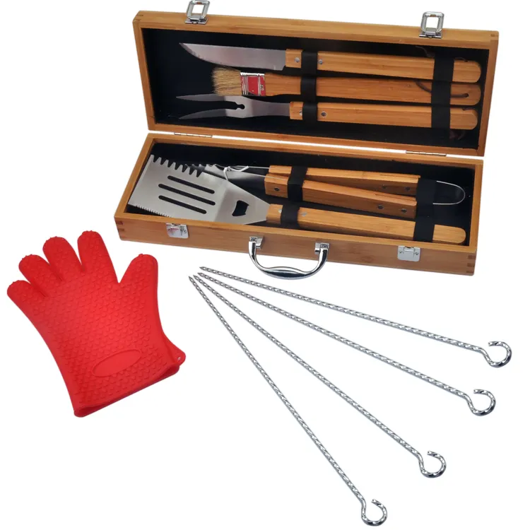 10 piece bamboo handle bbq tools set with bamboo case