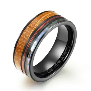 Gentdes Jewelry New Design Red Fishing Line And Abalone Inlay Tungsten Band For Men Whiskey Barrel Wood Ring