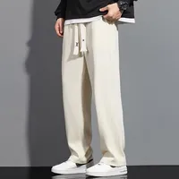 Pantalon large et droit en velours côtelé tricoté léger pour homme, taille élastique, anti-boulochage, grande taille, couleur unie, tendance décontractée pour l'été