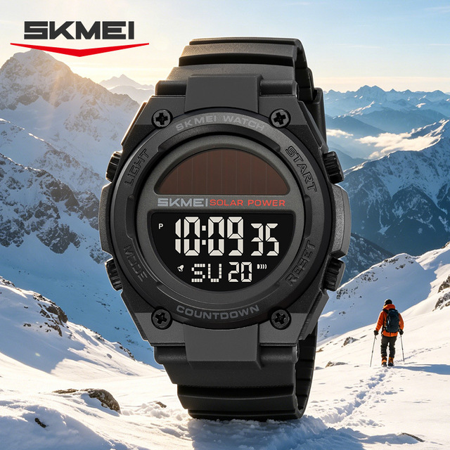 Shikemei Men's Solar-Powered Digital Sports Watch Acrylic Band 50m Water-Resistant 46mm Dial Hidden Clasp Sporty Style Luminous