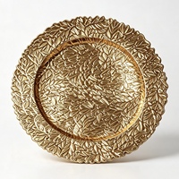 Assiette de présentation en plastique doré électrolytique de luxe, motif feuille en relief, pour mariage, hôtel, banquet, décoration de table