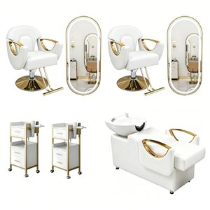 Ensemble de mobilier de salon moderne noir et or : Fauteuil de barbier hydraulique, Miroir LED, Unité de lavage, Chariot - Product Image 4