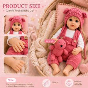 BAkwbwBY Muñeca <span class=keywords><strong>Reborn</strong></span> 22 Pulgadas Caucásica Cabello Liso Conjunto Tejido Rosa Gorro de Oso Realista Suave OEM Mayorista - Product Image 6