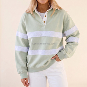 Felpa da Donna Rosa Chiaro con Colletto Polo a Righe, Mezza Abbottonatura, Oversize, Manica Lunga, Pullover Casual Personalizzabile in Taglie Grandi - Product Image 4