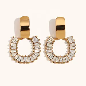 Wholesale Custom Fashion Jewelry 18K Gold Plated Stainless Steel Sparkly Trapezoid Zircon Cutout Geometric Drop Earrings Women