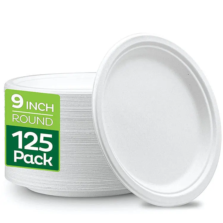100% Pak 125 dapat terurai ramah lingkungan piring Bagasse putih sekali pakai 9 inci piring kertas mudah terurai