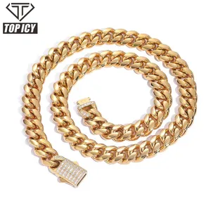 Top Icy 10mm 12mm 14mm High Quality Stainless Steel Plain Cuban Chain 18K Gold Plated Diamond Spring Clasp Cuban Necklace