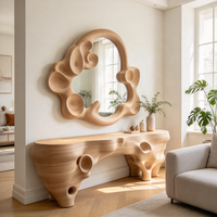 Ensemble table console sculpturale en bois massif et miroir mural artistique, meubles Wabi Sabi irréguliers sculptés à la main pour villa, hall d'entrée, salle d'exposition