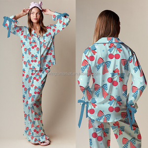 Día DE LA Independencia Red Stripe Blue Star All Over Print Manga larga Loose Fit Casual Pijama Set Mujeres - Product Image 4