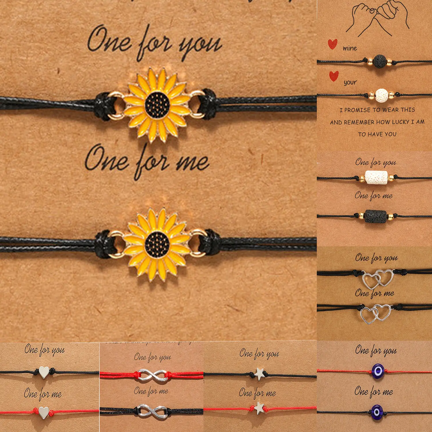 Carte d'amitié deux pièces ensemble de Bracelets tournesol coeur porte-bonheur corde fait à la main Couple meilleur ami amoureux Bracelets Bracelet