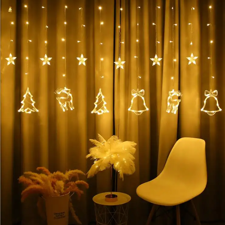 Outdoor Indoor 138led Festival Diwali Party Wedding Decoration Fairy Christmas Star Bell Tree Reindeer Window Curtain Light