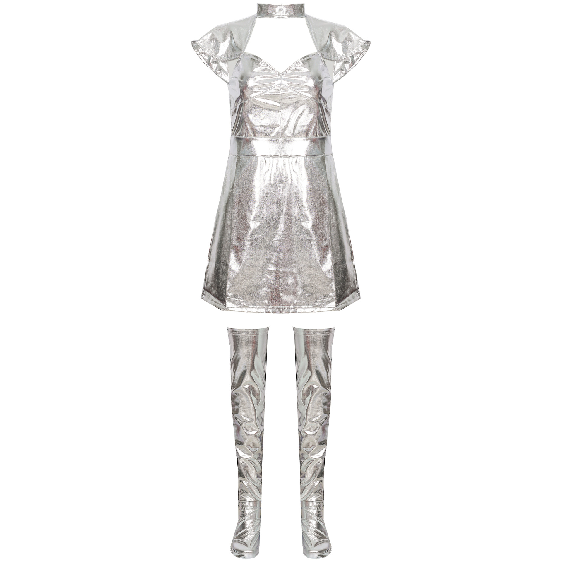 silver space dress costume HDE Shiny Metallic Alien Costume Dress Futuristic Sleeveless Space Skater Dress Silver 2X