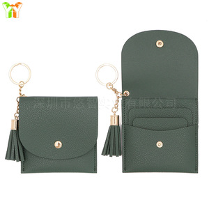 กระเป๋าใส่เหรียญหนัง PU หลายช่องใส่บัตร, กระเป๋าใส่เหรียญพู่ห้อยสไตล์เกาหลี, กระเป๋าใส่เหรียญขนาดเล็กบางเฉียบ, ที่ใส่บัตร, พวงกุญแจ - Product Image 1