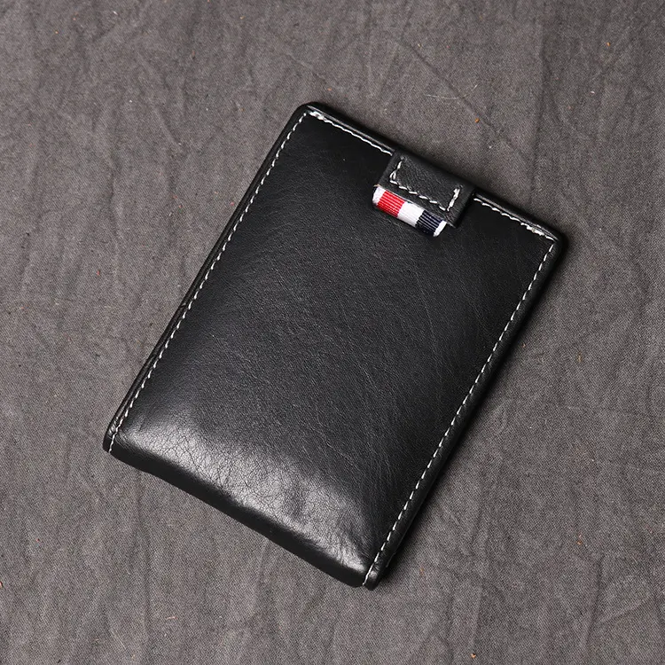 Custom Black Men's RFID Blocking Short Wallet Cowboy Genuine Natural Crazy Horse Leather Bifold Wallet