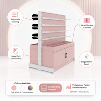 Étagère de présentation cosmétique rose, présentoir de maquillage, vitrine de magasin de beauté, mobilier de boutique avec système de crochets pour panneau rainuré