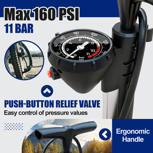 Pompe à vélo BOMO 160 PSI haute pression avec manomètre, valve double Schrader Presta, base pour VTT - Product Image 3