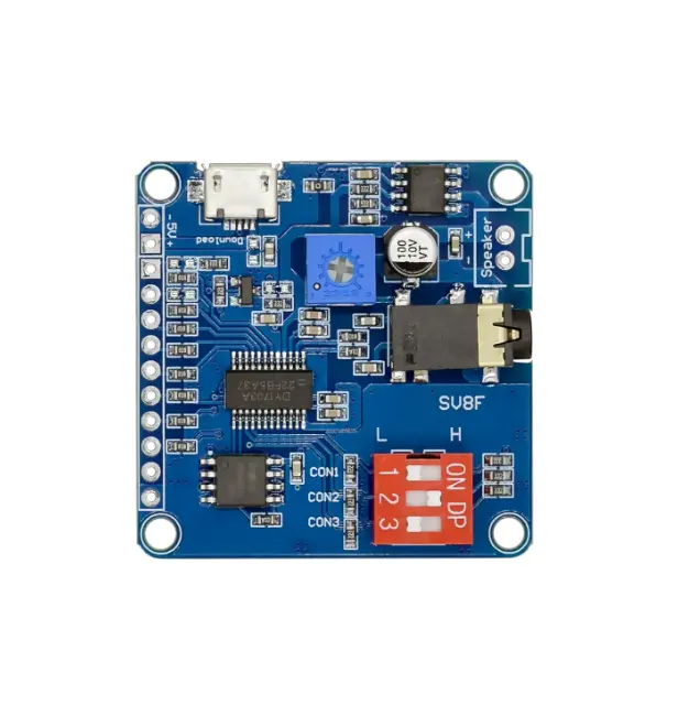 Módulo de reprodução de som de voz Arduino MP3 Player Módulo UART I/O Trigger Classe D Placa amplificadora 5W 8M Armazenamento DY-SV8F Cartão SD/TF