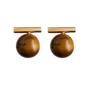 Vershal A-536 Natural Stone Tiger Stone Stick Shape Earrings 18K Gold Plated Minimalist Luxury Earrings
