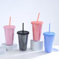 Gobelets en plastique réutilisables sans BPA de 24oz 32oz avec couvercle transparent et paille