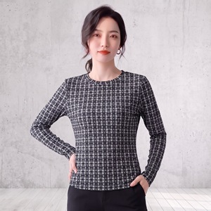 Nouvelle Collection Automne 2026 – T-shirt Imprimé <span class=keywords><strong>à</strong></span> <span class=keywords><strong>Carreaux</strong></span> Col Rond Manches Longues – Haut Amincissant et Ajusté pour Femme - Product Image 1