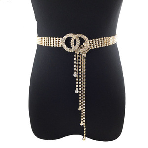 REWIN แฟชั่นผู้หญิงประกาย Rhinestone ร่างกายโซ่เข็มขัดคู่ O-แหวนเข็มขัดคริสตัลเข็มขัดเอวด้วยพู่ Shinny - Product Image 1