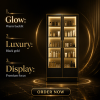 Vitrine de présentation de cosmétiques à double porte en or noir avec étagères en verre rétroéclairées par LED, vitrine de vente au détail de produits de beauté sur pied