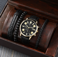 Nouveau Coffret Bijoux 4 Pièces en Alliage pour Hommes d'Affaires, Montre-Bracelet à Quartz Décontractée avec Bracelet en Cuir, Date et Chiffres, Montre Tendance