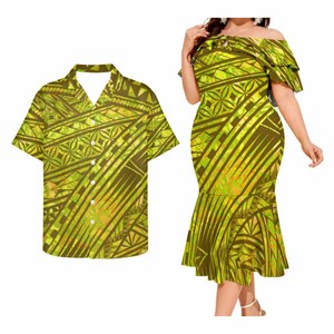 Envío de la gota 1MOQ Hombres Botón Aloha Camisas y mujeres Vestido de <span class=keywords><strong>sirena</strong></span> <span class=keywords><strong>Gente</strong></span> grande Polinesia Traje de pareja de estilo étnico - Product Image 2