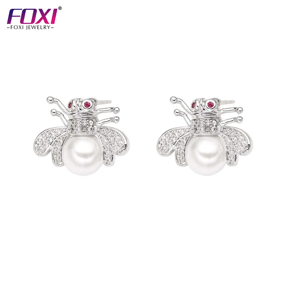 FOXI jewelry Luxury Cubic Zirconia Pearl Stud 18K Gold Bee Earrings Korean Simple Cute Designer Luxury Earrings For Women