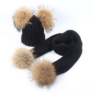 Children's Raccoon Jacquard Long Pom-Pom Double Pom-Pom Warm Knitted <b>Hat</b> & <b>Scarf</b> Two-Piece <b>Set</b> - Product Image 1