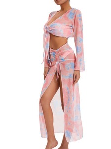 Conjunto de Bikini de vacaciones de playa con protección solar de cuatro piezas de cintura alta para mujer, ropa protectora solar de manga larga, nuevo traje de baño - Product Image 2