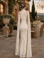 Robe de soirée sirène ivoire perlée à col montant, dos nu, manches cape transparentes, pour soirée formelle, vente en gros